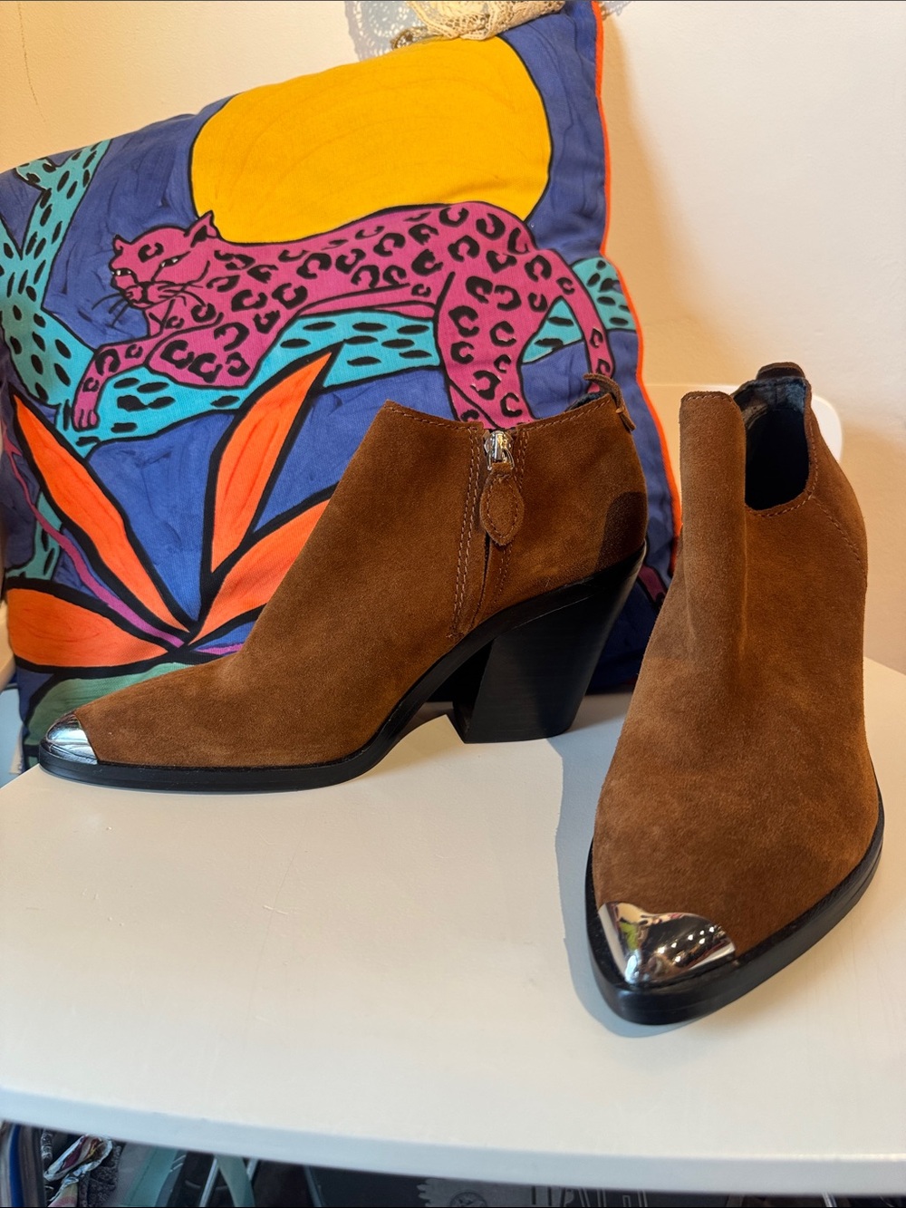 Rebecca Minkoff Brown Suede Western Ankle Boots with Silver Toe Cap
